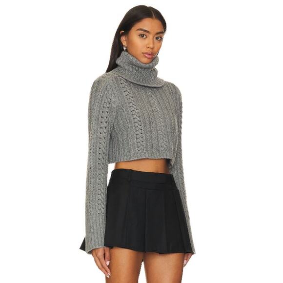 NWT Camila Coelho Daria Cable Knit Turtleneck Cropped Sweater Gray Women's XS - Picture 2 of 7